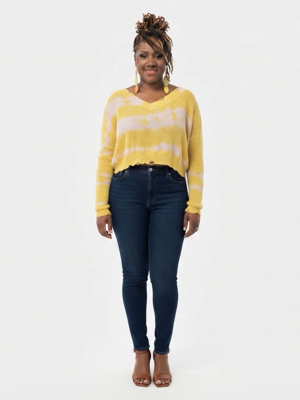Fate Yellow and White V-Neck Tie-Dye Sweater